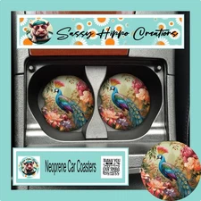 Car Coasters Majestic Peacock Beautiful Bird Flowers Set of 2 Neoprene Absorbent