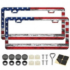 American Flag Aluminum License Plate Frame 2 Pack Vintage Patriotic Usa Design