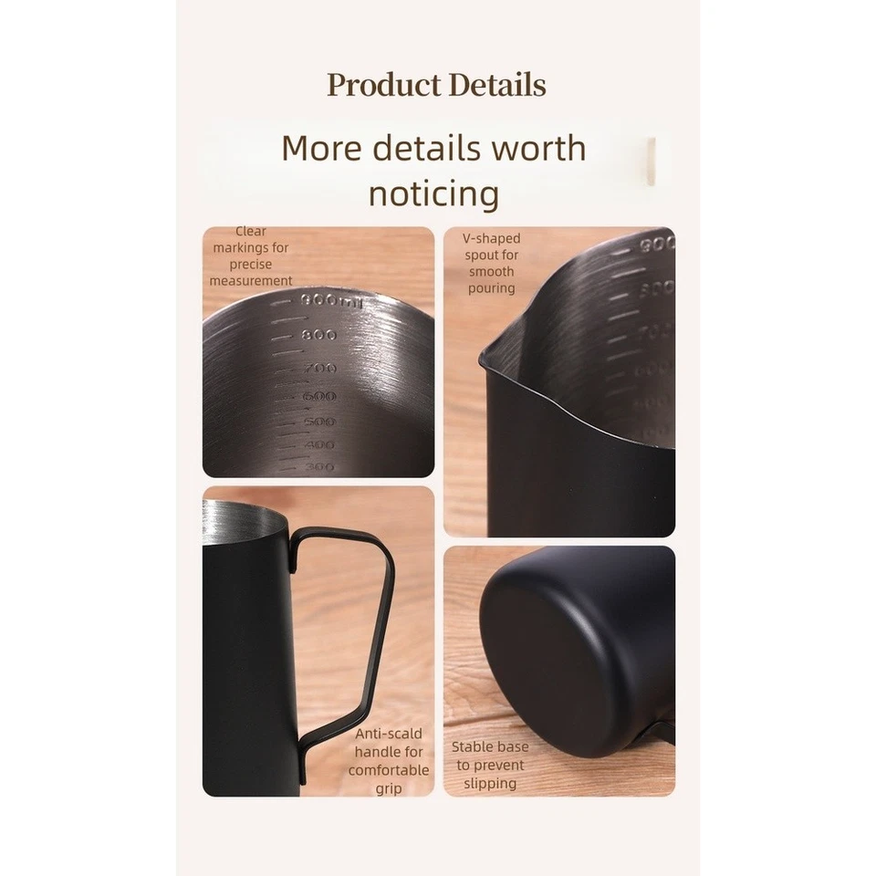 Jarra de espuma de leche de acero inoxidable 350 ml 600 ml 900 ml con escala de medición Foto 4 de 4