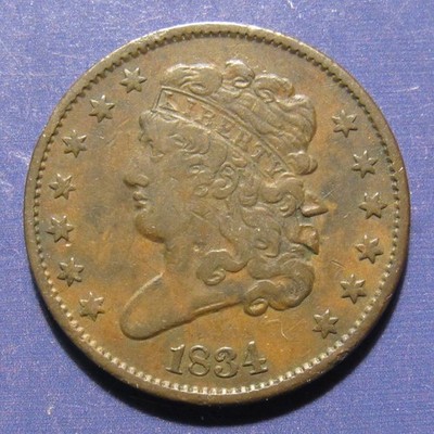 1834 CLASSIC HEAD HALF CENT, VF  ~  NICE ORIGINAL EXAMPLE, BROWN & RUST TONES