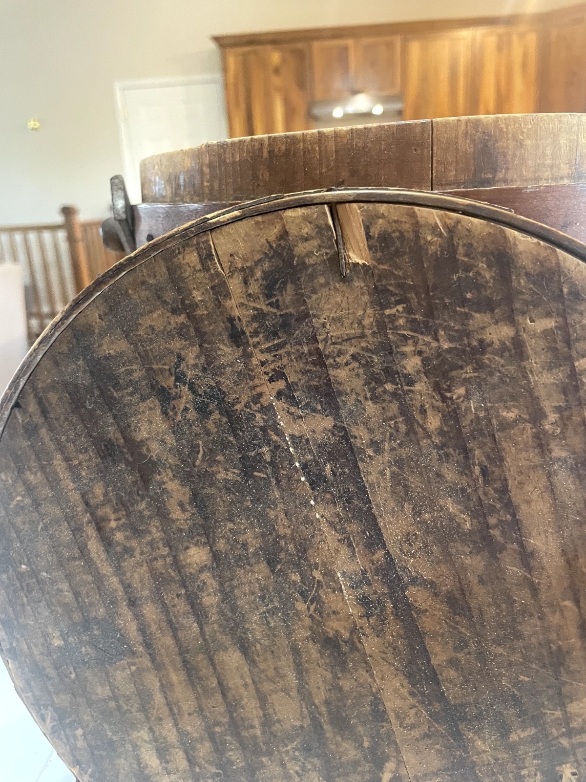 Antique FIRKIN Wooden Sugar Bucket, Finger Bands, Pegged, Bentwood Handle, EUC