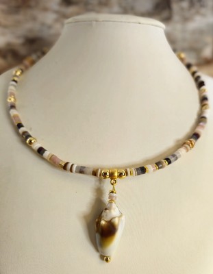 Beach Necklace Made W/ Agate, Pink Opal & Natural Sea Shell Pendant In GP
