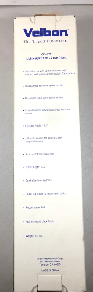 Velbon CX-200 Lightweight Aluminum Photo/Video Tripod 17.2" Expands to 45.1" NEW - Image 3 of 4