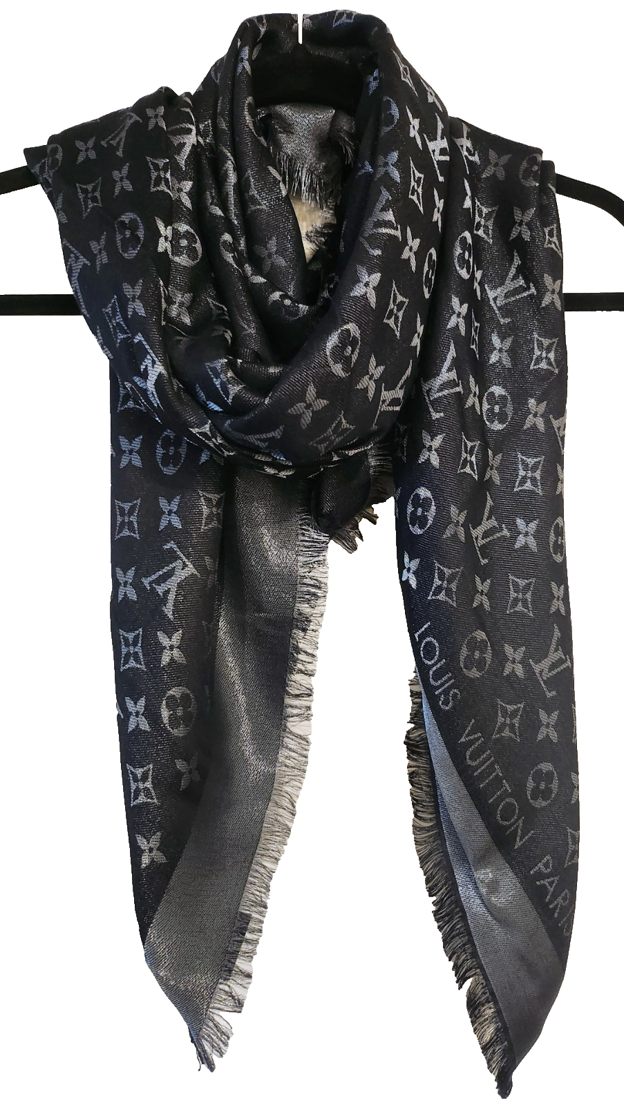 Louis Vuitton Monogram Silk Shawl Scarf in Grey Black Shine Excellent Condition