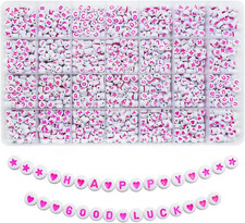 1400pcs Pink Letter Beads 4x7mm White Round Acrylic Alphabet A-Z Heart Star B...