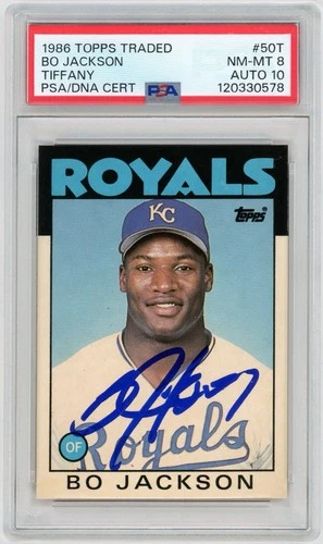 Bo Jackson Signed 1986 Topps Traded Tiffany Rookie PSA NM-MT 8/GEM MINT 10 AUTO
