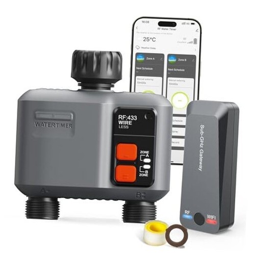 WiFi Sprinkler Timer 2 Zone with 984 Feet RF Gateway, 2 Outlet Smart Water