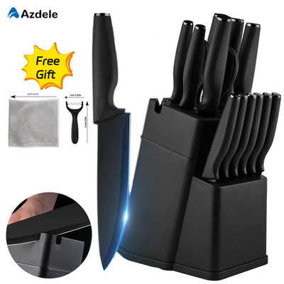 9-16Piece Titanium Coding Carbon Steel with Wooden Block, Scissor and Sharpener
