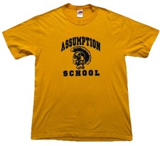VTG Assumption School T-Shirt Size L Made In USA Trojan Logo Yellow SOFFE Cotton