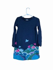 Tea Collection Girls Dress Size 5 Navy Graphic Birds Waves Long Sleeve Cotton