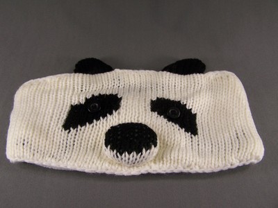 Black White panda bear face knit ear warmer muff head wrap hat headband fleece