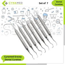 Cynamed Gracey Dental Curettes & Scalers Double Ended Smooth Handle Set of 7