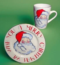 Rosanna Porcelain Christmas SET 8" Plate and Matching 4.5 " Mug Santa gold trim