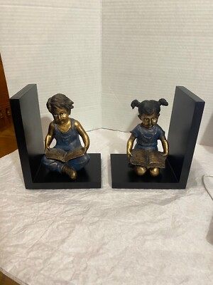 SEATED CHILDREN READING BOOK ENDS WOOD & BRASS BOY &GIRL 2016