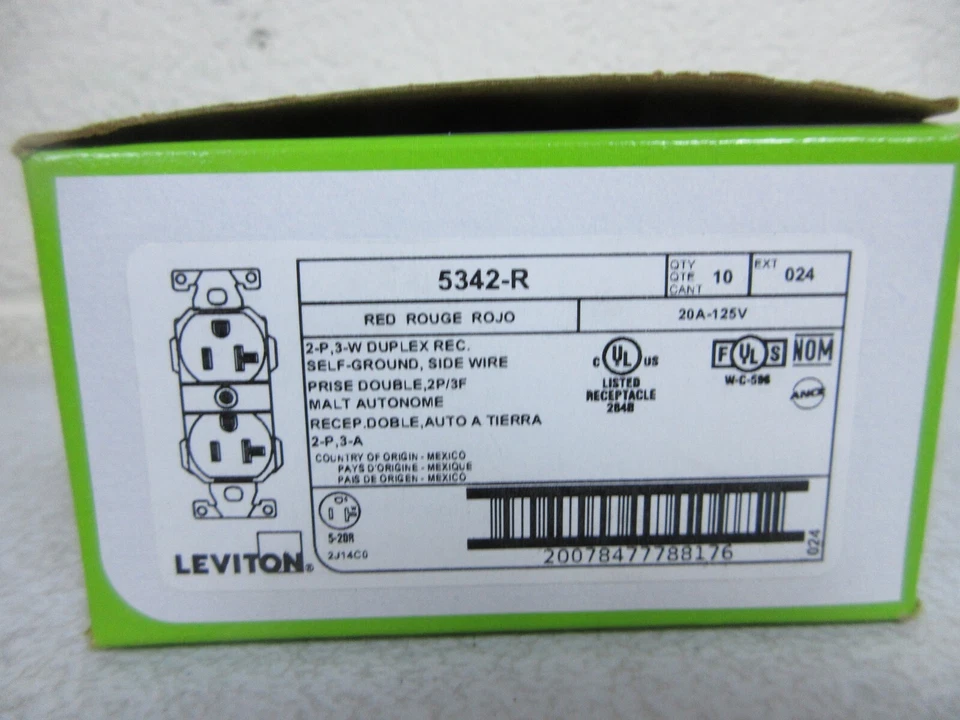 Leviton 20Amp 125V Industrial Grade Self-Grounding Duplex Outlet Receptacle 10PK - Image 3 of 4