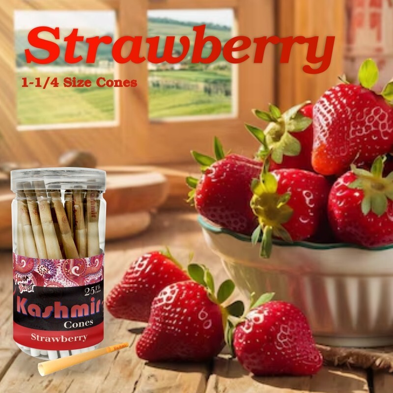Kashmir Pre Rolled Cones Strawberry Flavored 1 1/4 Rolling Papers Cone 25 Ct Jar