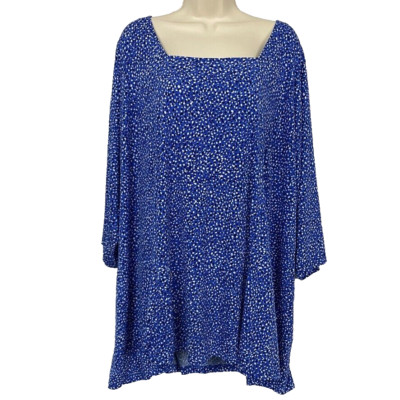 Susan Graver Liquid Knit Top Womens 4X Blue Polka Dot Square Neck Elbow Sleeve