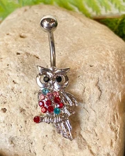 Multicolor Gem Owl Belly Ring Navel Piercing Pierced Naval Body Jewelry