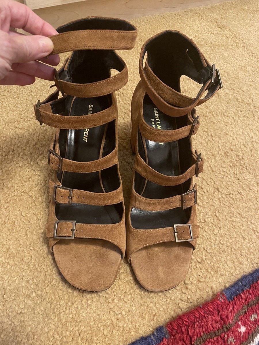 SAINT LAURENT YSL Caramel Tan Suede Leather Strappy Sandals