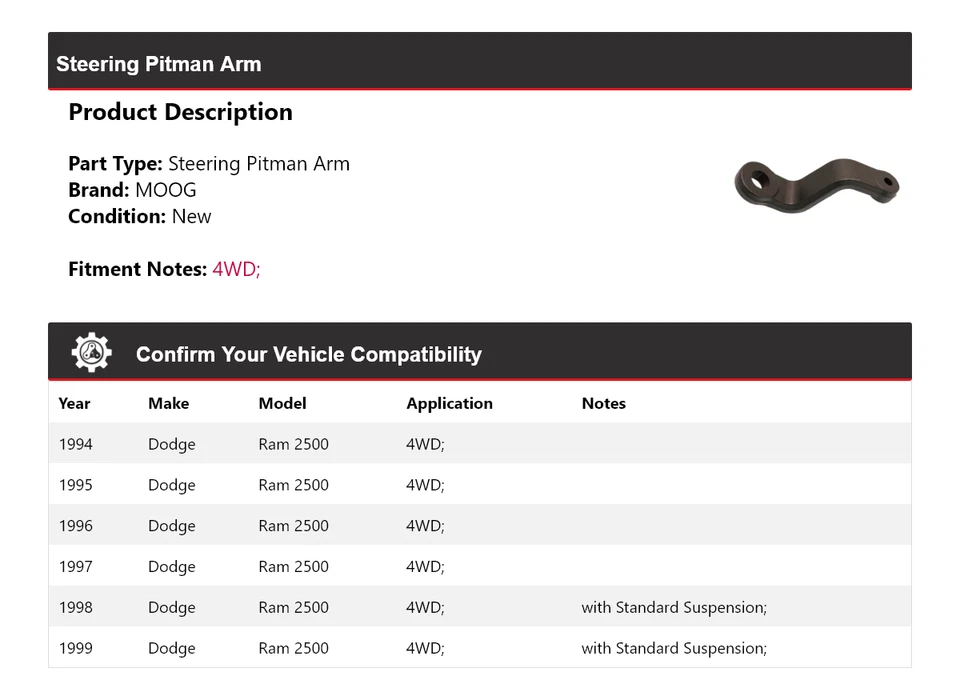 Brazo Pitman de dirección para Dodge Ram 2500 1994-1999 4x4 MOOG 1994 1995 1996 1997 Foto 2 de 4