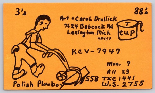 Scheda radio QSL Ham KCV-7947 Art & Carol Drellick Lexington MI Plowboy polacco - Foto 1 di 2