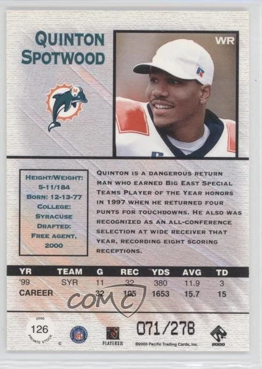2000 Pacific Private Stock Rookie /278 Quinton Spotwood #126 Rookie RC - Image 2 of 2