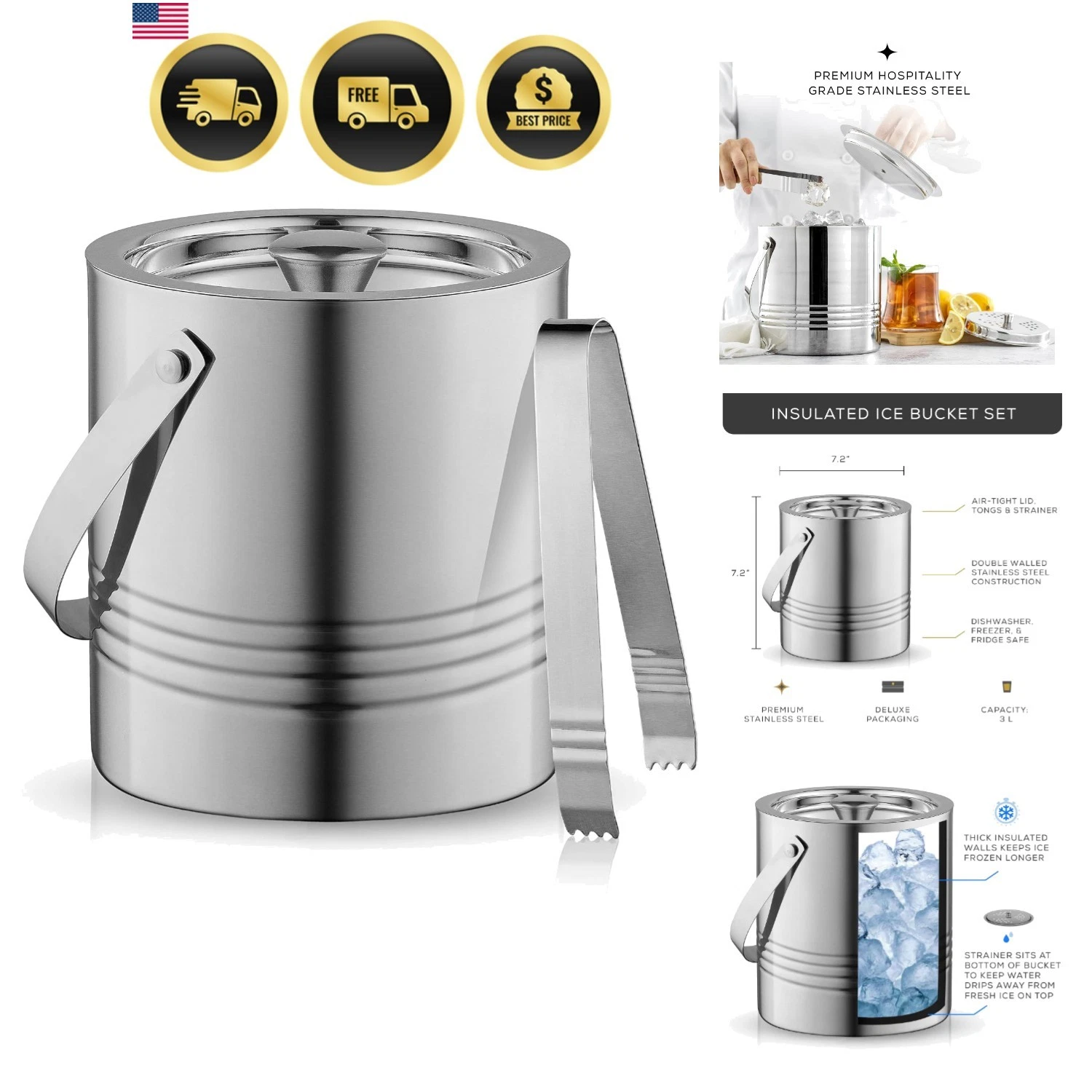 Double Wall Ice Bucket Stainless Steel 3L With Lid Tongs Strainer Bar