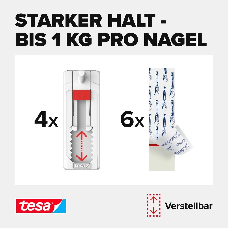 4 tesa Klebenagel für Tapeten und Putz verstellbar Powerstrips Nagel - Bild 3 von 4