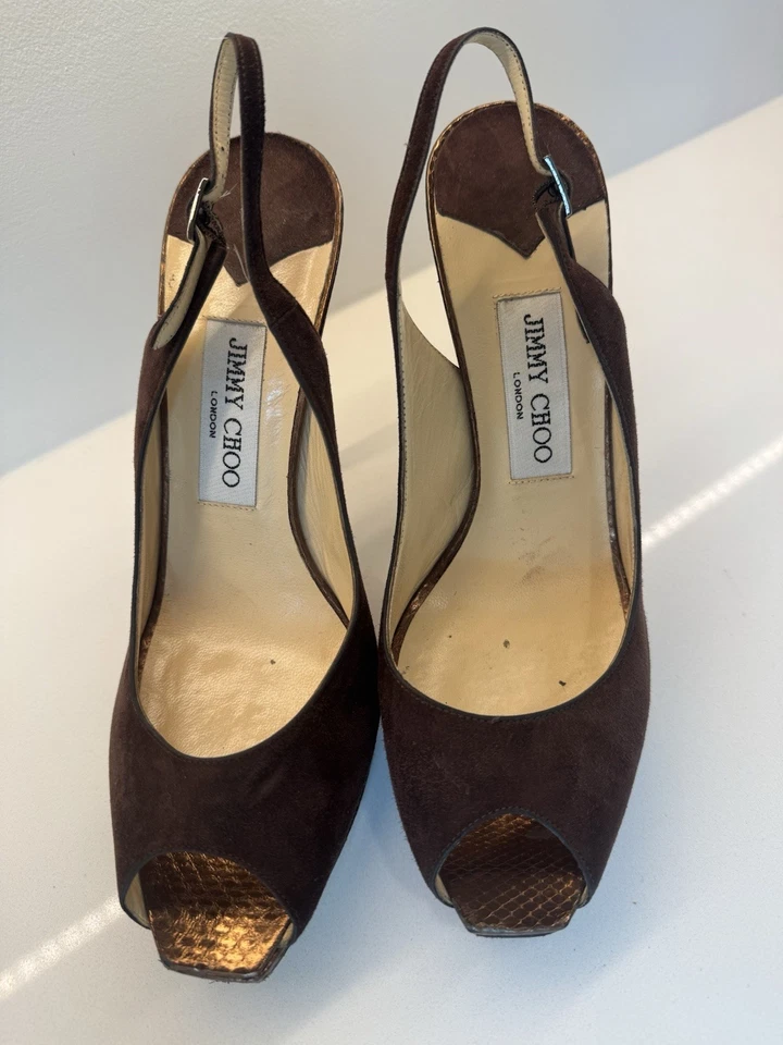 Jimmy Choo Women’s Brown Suede Open Toed Slingback Heels Size 39 - Image 2 of 4