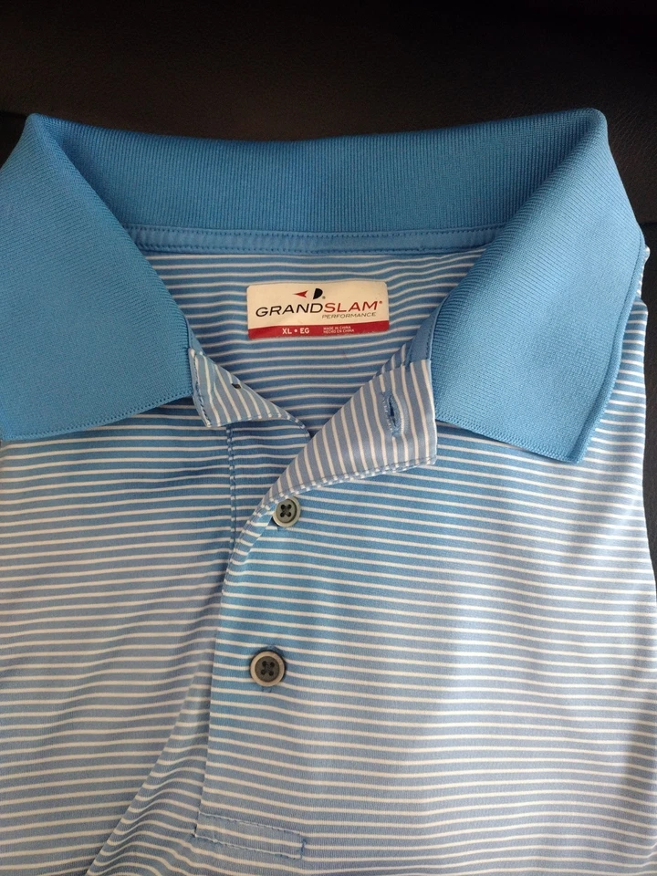 Grand Slam Performance Men XL Collared Blue White Stripe Short Sleeve Polo Golf - Image 2 of 4