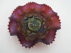 Antique Northwood Three Fruits Carnival Ruffled Bowl Amethyst Basket Weave