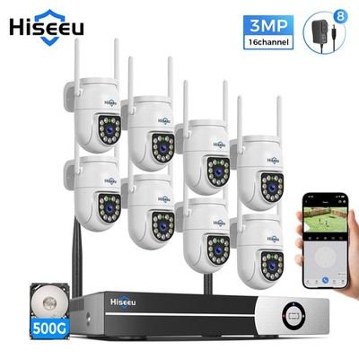 Hiseeu 8PCS 2K 3MP Outdoor PTZ Security Camera System 2Way Audio 24/7 Auto Track