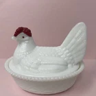 Westmoreland Hen On Nest Milk Glass Red Comb 5.5" Split Tail, Vintage No Chips