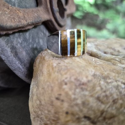 Vintage Herren Sterlingsilber Tigerauge Scheibe Ring Größe 9-1/2 Mexiko Adler 3