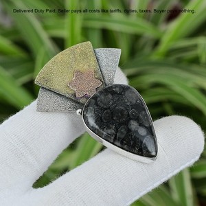 Authentic Sterling Silver Black Fossil Coral Gemstone Rose Gold Plated Root Chakra Pendant