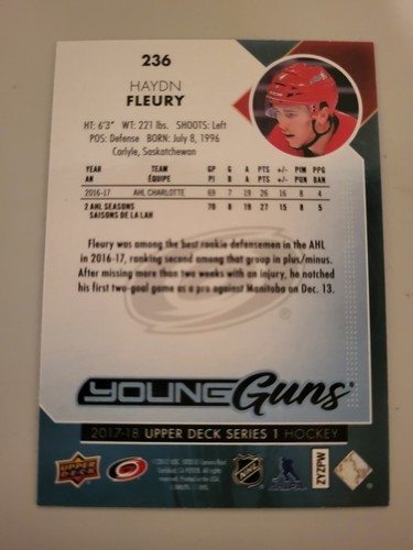 Haydn Fleury 2017-18 UD Series 1 Young Guns Rookie Card - Imagen 2 de 2