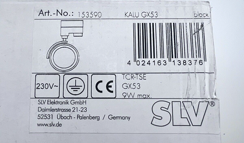 SLV 153590 Lamp for 3 phase rail KALU GX53 TCR-TCA 9W Max 230V Black Germany - Picture 2 of 11