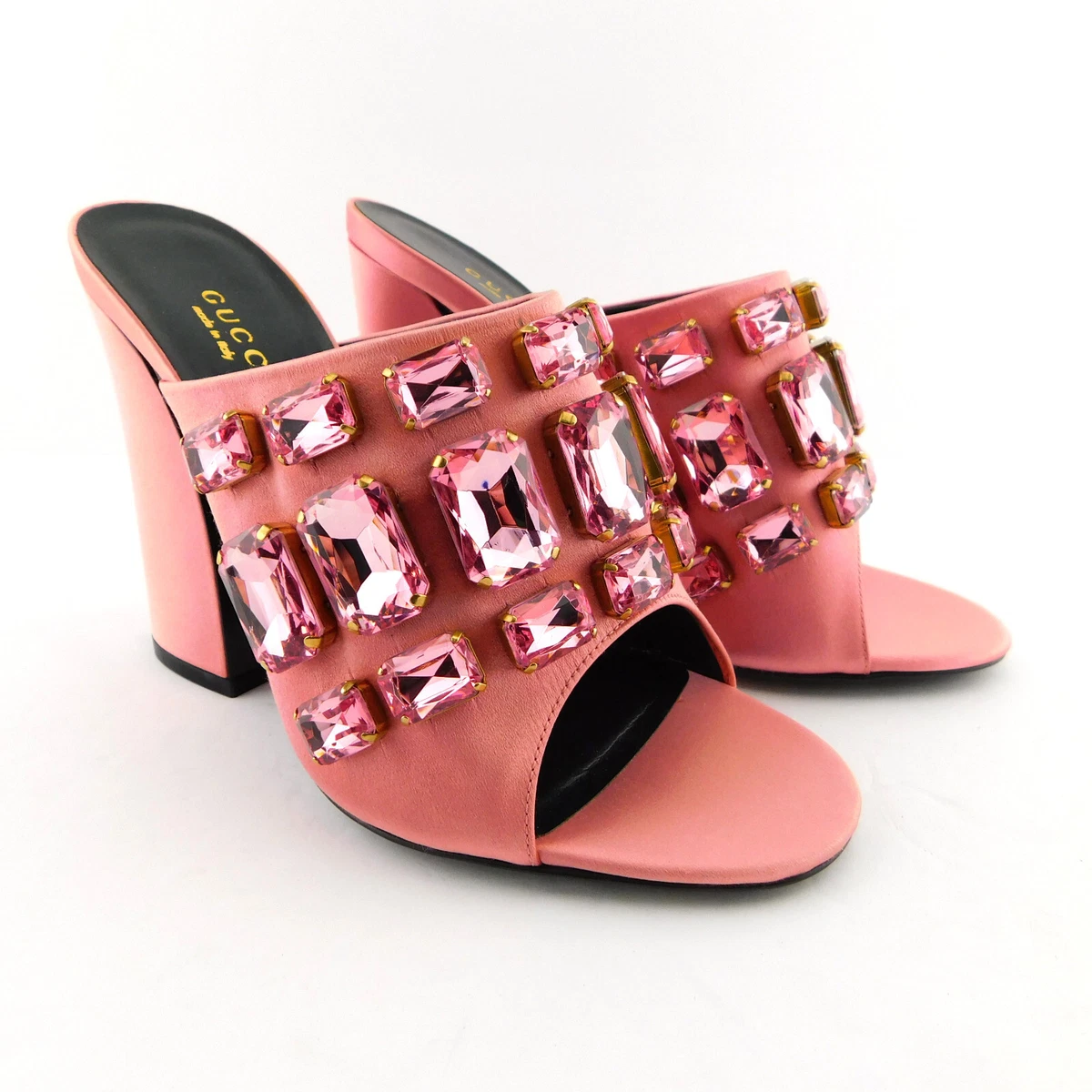 New GUCCI Size 7.5 Pink Satin Crystal Encrusted Mules Heels Shoes