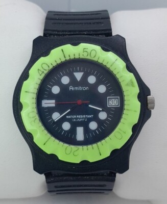 Vintage Men Armitron Watch 20/2403 Black Band Resin Case Rotating Green Bezel