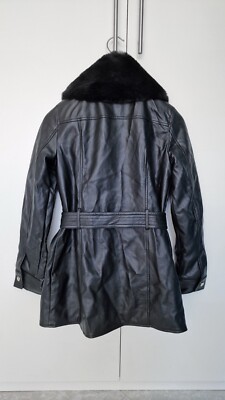 River Island Leder-Mantel Fell Schwarz XS/34 Lederimitat Lederjacke Gürtel
