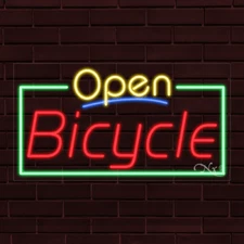 NEW "OPEN BICYCLE" w/BORDER 33x18x1 INCH LED FLEX WINDOW/WALL INDOOR SIGN 35464