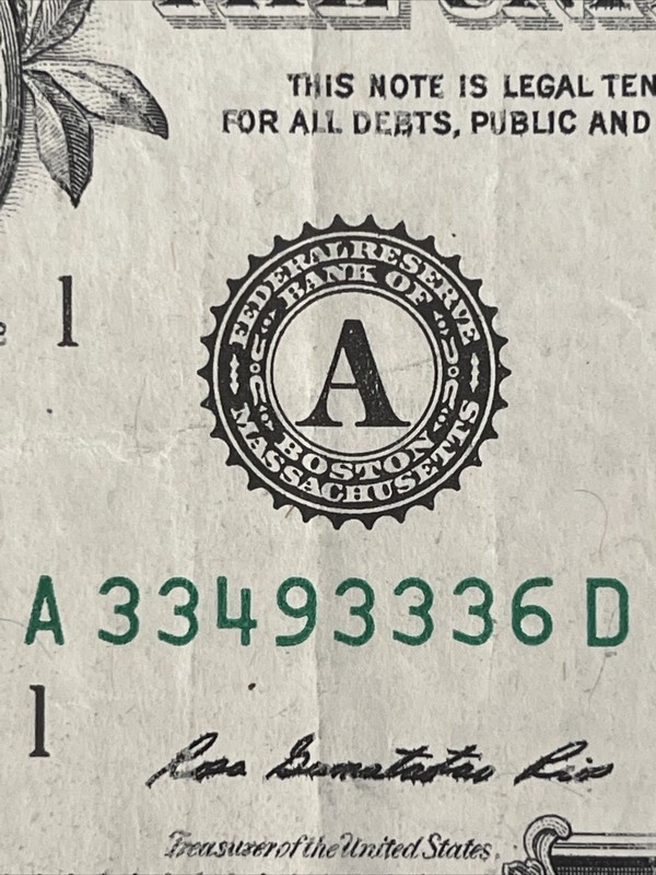 FIVE OF A KIND "3" - 2013 $1 Dollar Bill - TRIPLE 3 - SERIAL NUMBER A 33493336 D