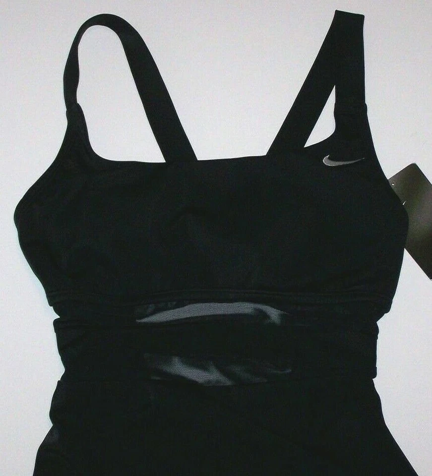 Nike Swimsuit One Piece Mesh Solid V-Back Swimwear NESS9365 Black New $100 Women - Image 2 of 4