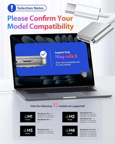 USB-C to Mag-Safe 3 Cable 2M 140W Magnetic Charging Cord Compatible with 2024 Ma - Photo 7/8