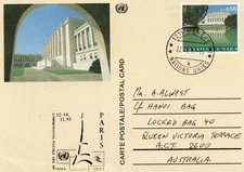 UN Paris Burea Post card sent to Australia Nov 1993