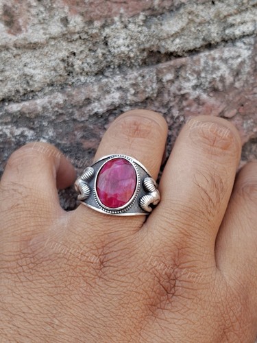 Ruby Corundum Oval Gemstone Aries Ram Head Ring, 925 Silver Handmade Men's Ring - Picture 12 of 17