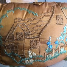 Vintage Gold Satin Thickly Padded Tea Cosy Hand Embroidered Cottage Scene
