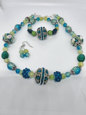 NEW teal blue HANDMADE beaded NECKLACE earrings BRACELET SET LILAH ANN