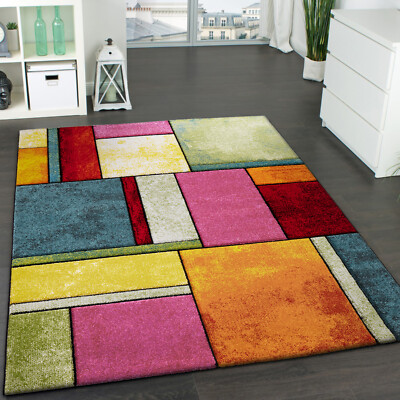 Designer Teppich Kariert Trendig Bunt Meliert Eyecatcher Grün Blau Orange Pink