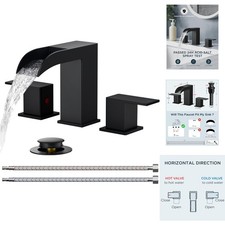 Matte Black Waterfall Bathroom Sink Faucet 8" Widespread 3-Hole Pop-up Drain